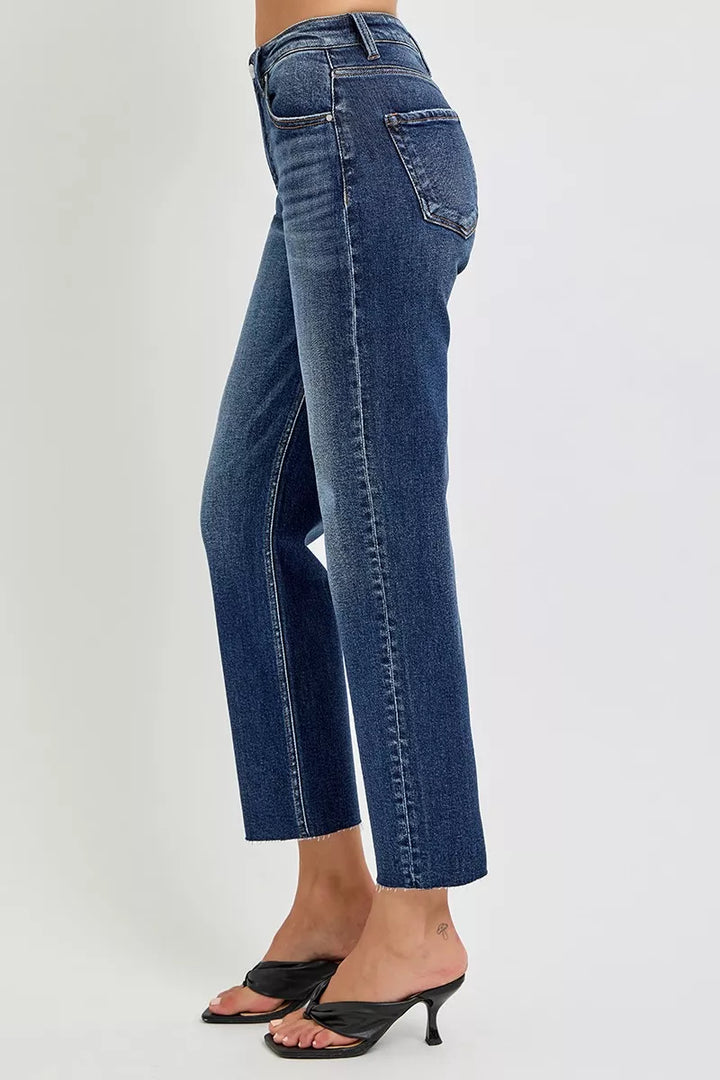 High rise slim barrel jeans with raw frayed hem