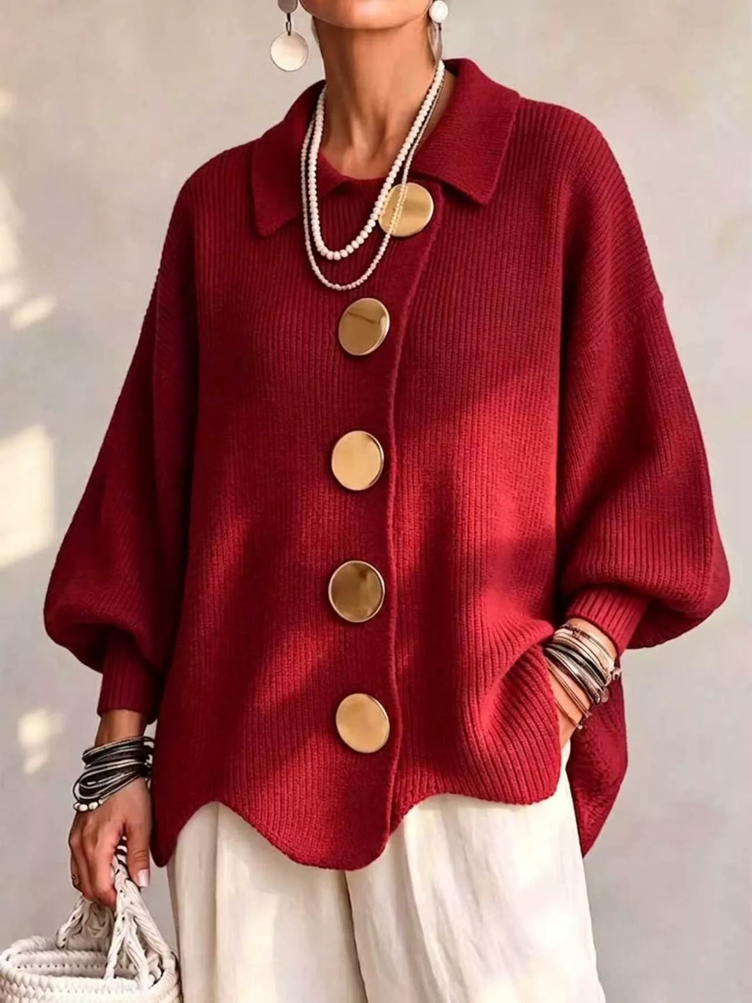 Red Oversized gold button ribbed knit collared cardigan