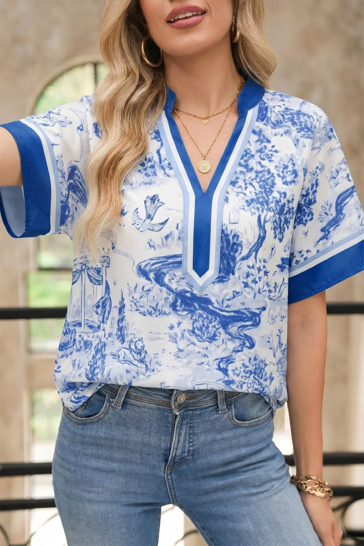 Light Blue Scenic toile print V-neck raglan sleeve blouse