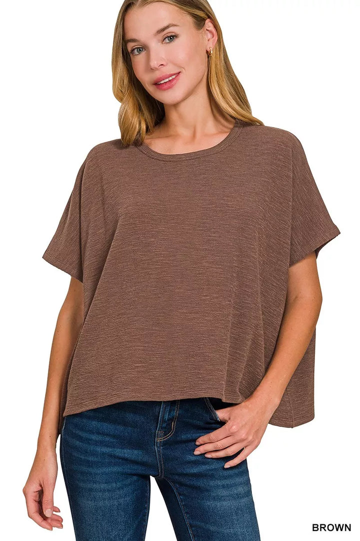 BROWN Cotton slub oversized crop tee with drop shoulders