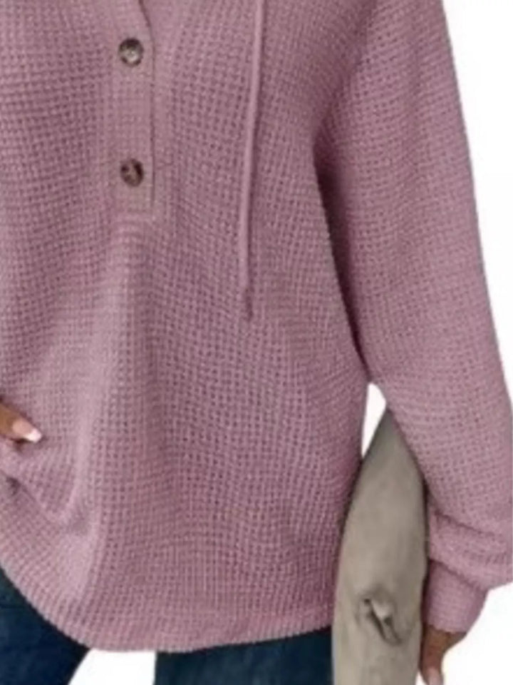 Button-detail waffle knit hoodie with drawstring hood