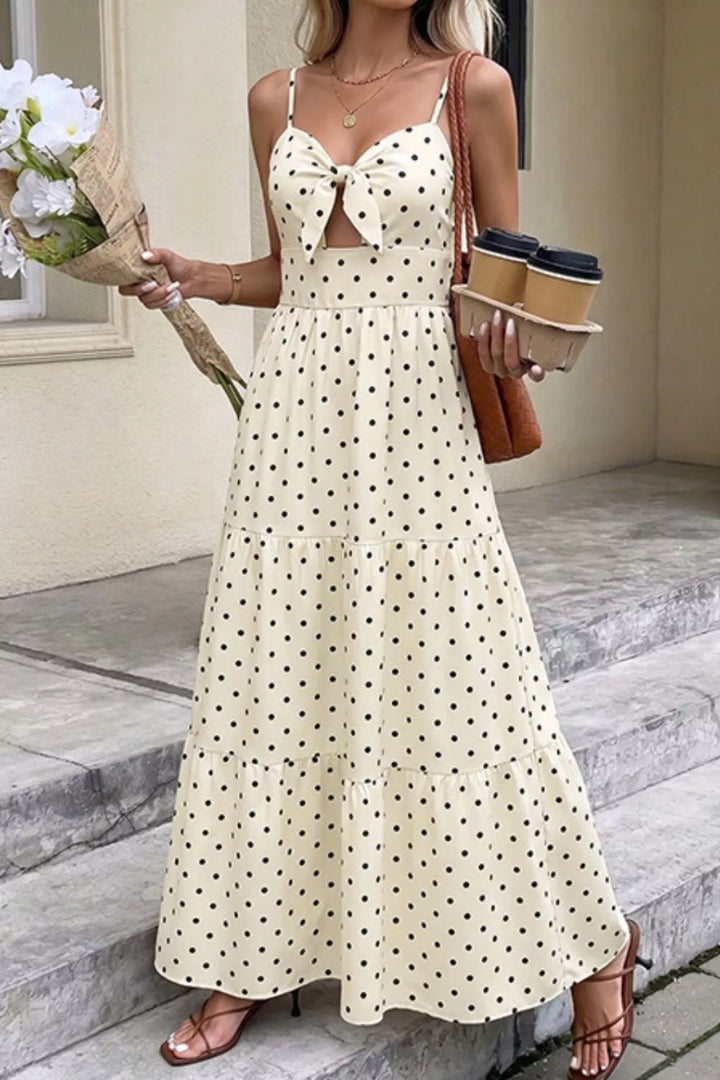 Cream Polka dot tie-front cutout tiered maxi dress