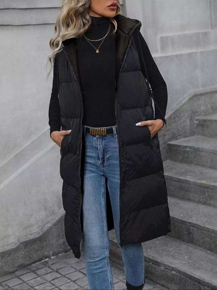 Black Longline hooded puffer vest with zip pockets