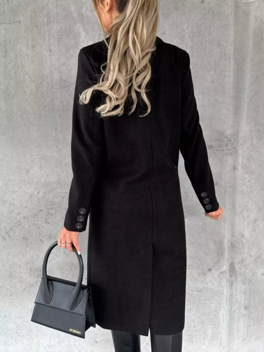 Double-breasted longline coat with notch lapel and flap pockets
