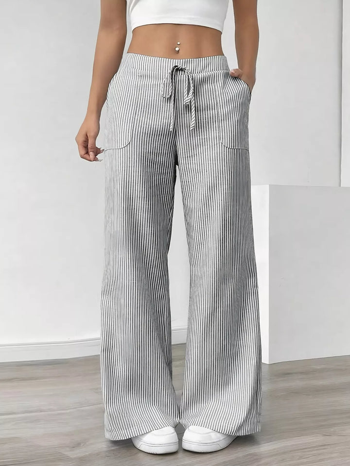 Gray Pinstripe wide-leg pants with drawstring waist