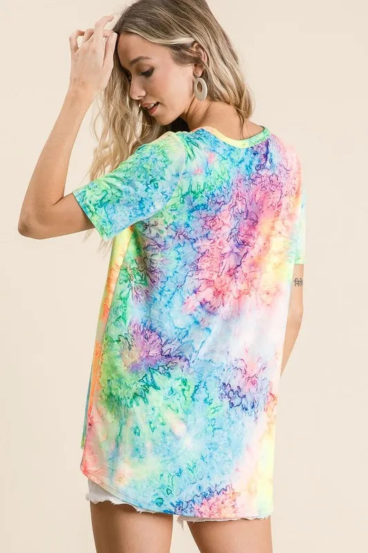 Tie dye jersey V-neck top with relaxed drop shoulders