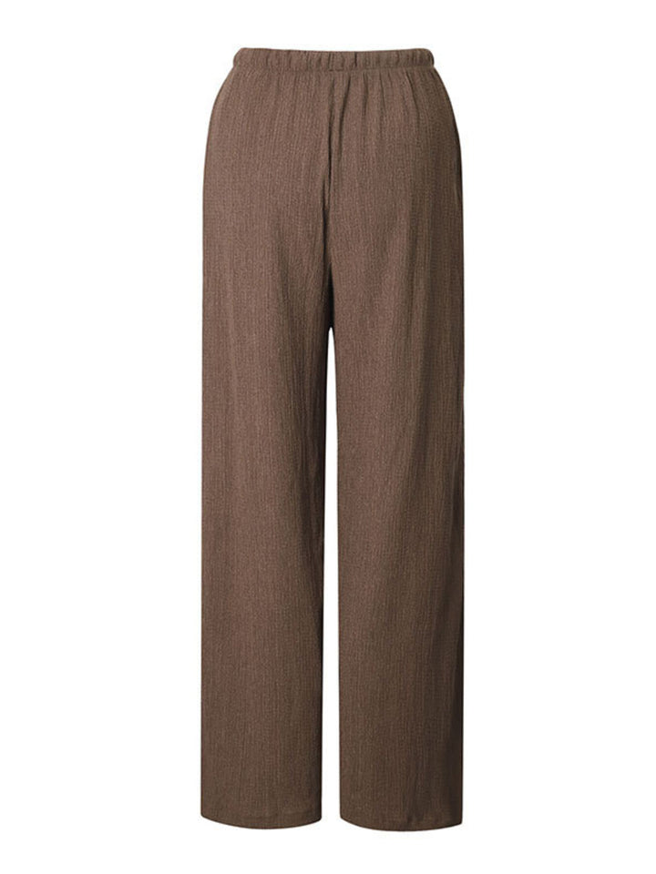 Crinkle textured wide leg pants with drawstring waist