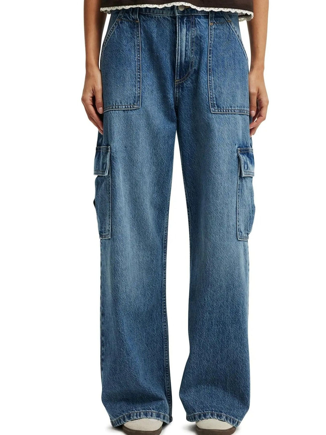 Dark Blue Wide leg cargo jeans with side flap pockets