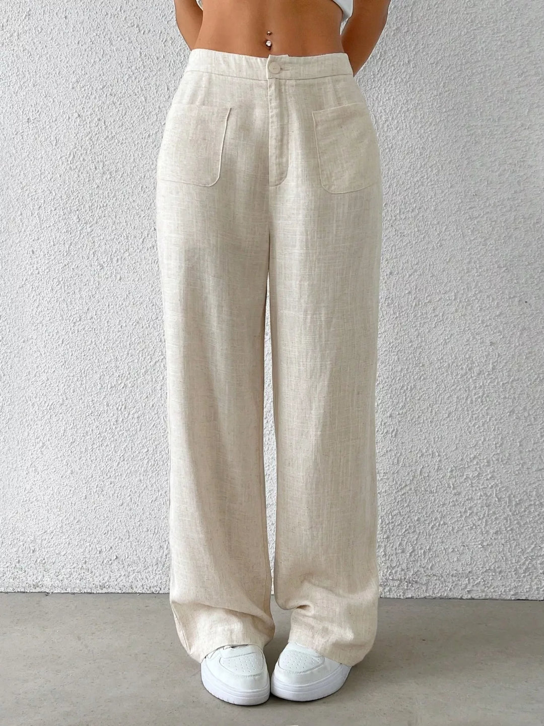 High-rise wide-leg linen blend pants with patch pockets