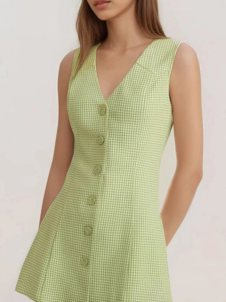 Matcha Color Sleeveless gingham button-front A-line mini dress