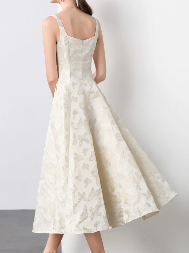 Butterfly jacquard square-neck A-line midi dress