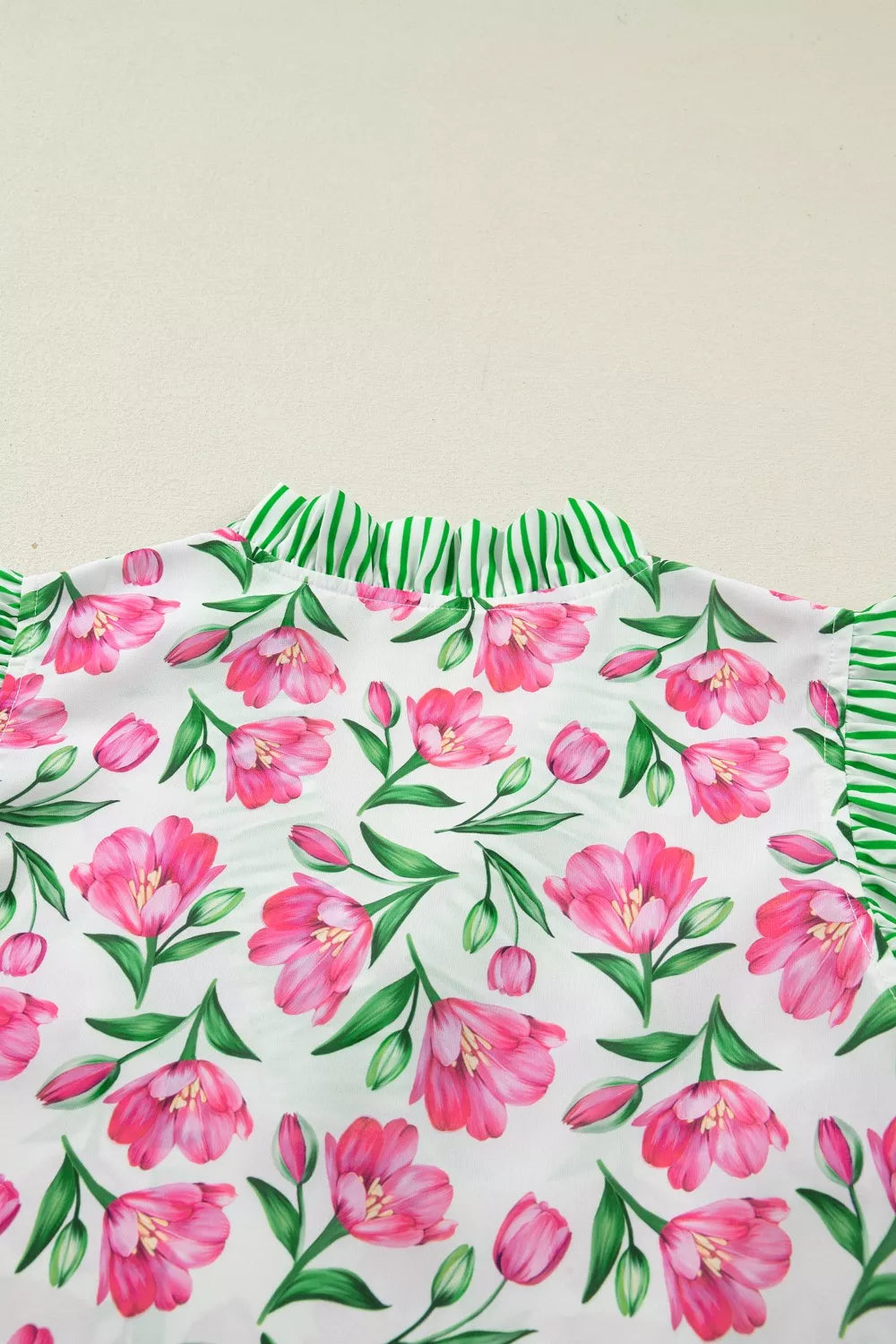 Floral print V-neck blouse with striped ruffle sleeves