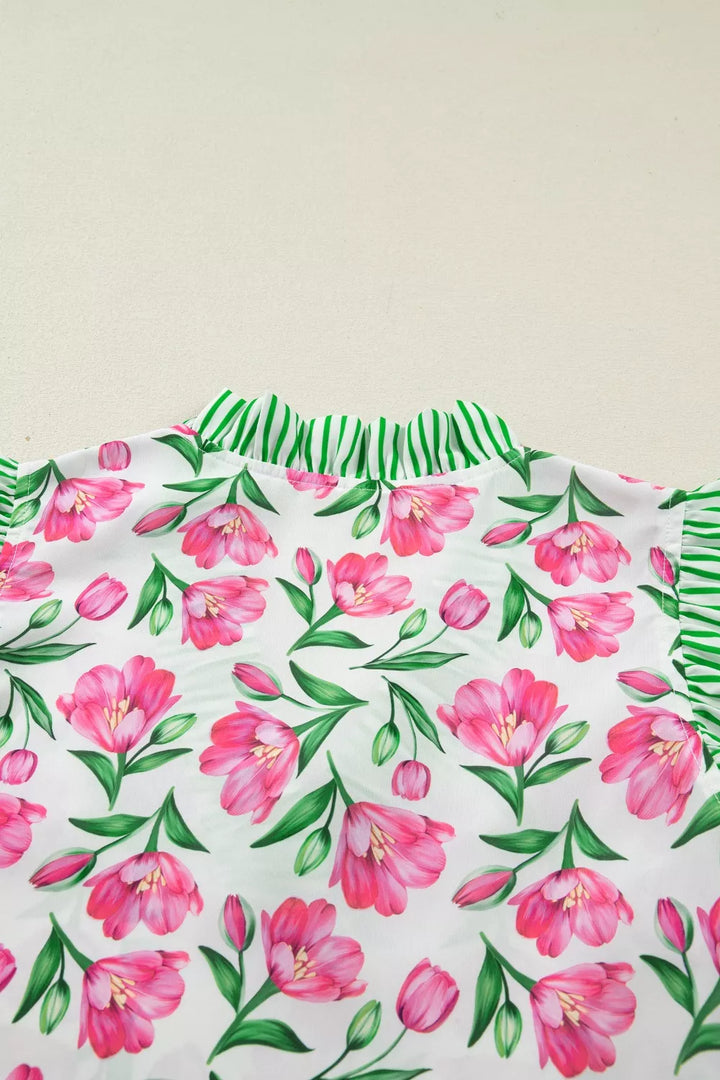 Floral print V-neck blouse with striped ruffle sleeves