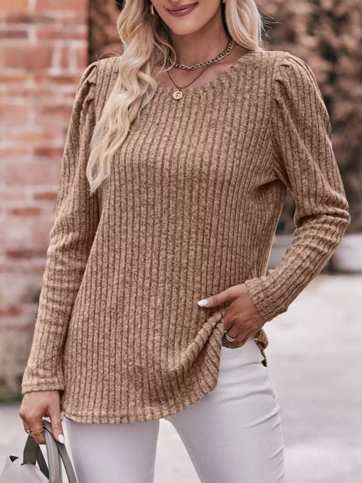 Ribbed knit long sleeve top with puff shoulders
