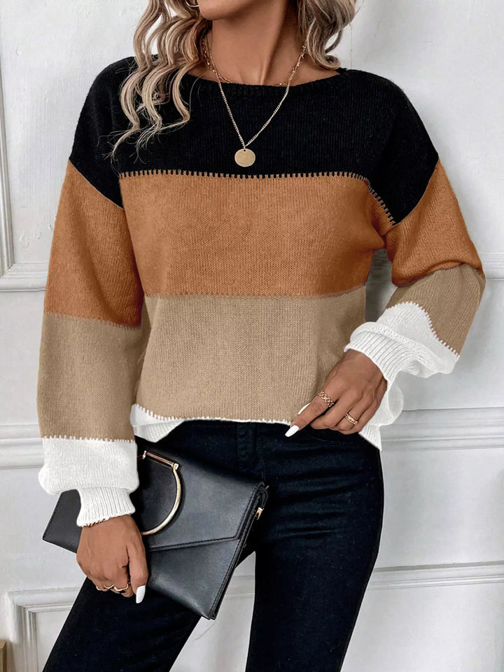Color block round neck knit pullover sweater