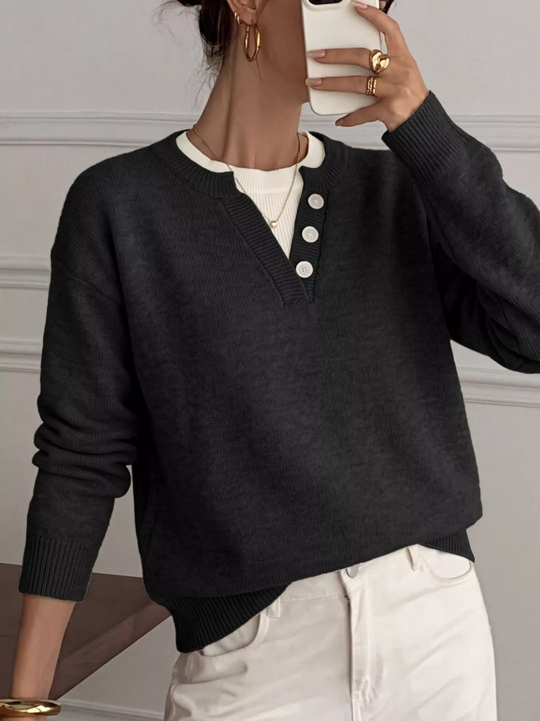 Three-button henley placket knit sweater with ribbed trim