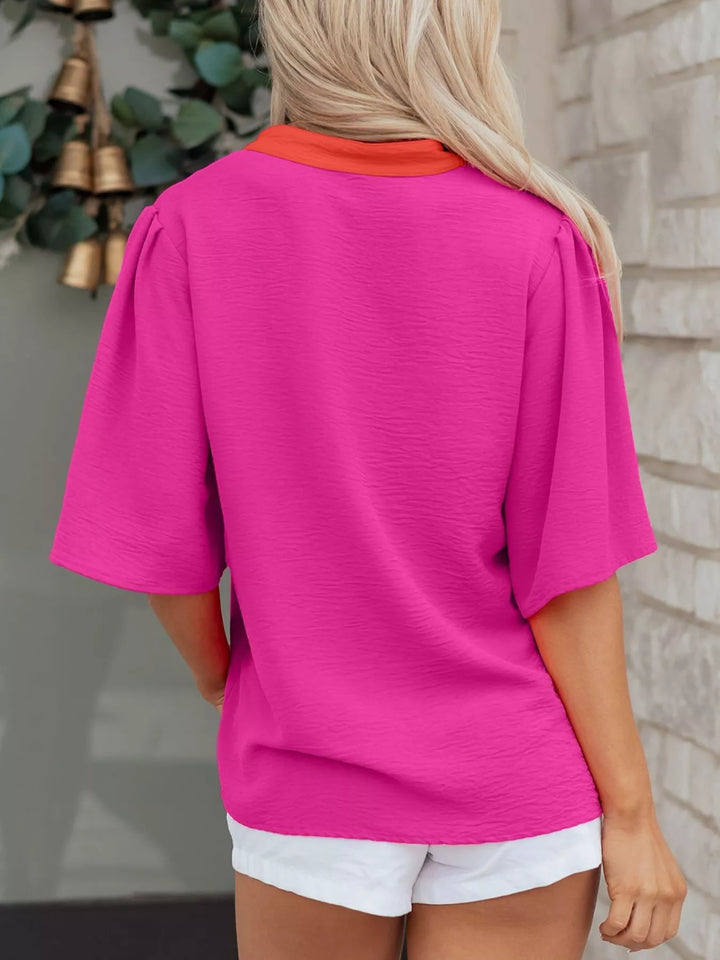 Notched contrast V-neck half sleeve blouse