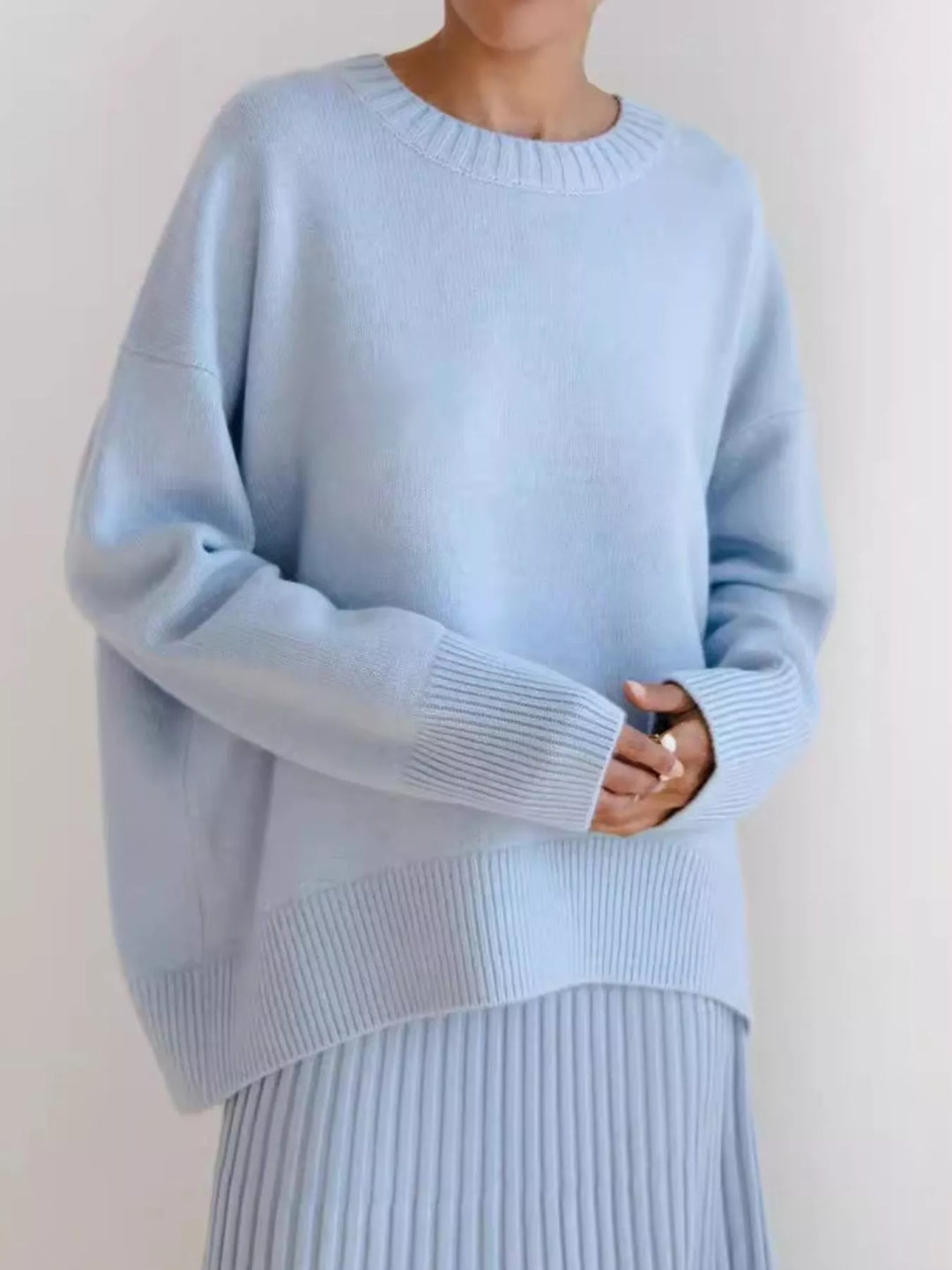 Oversized ribbed-hem drop-shoulder crewneck sweater