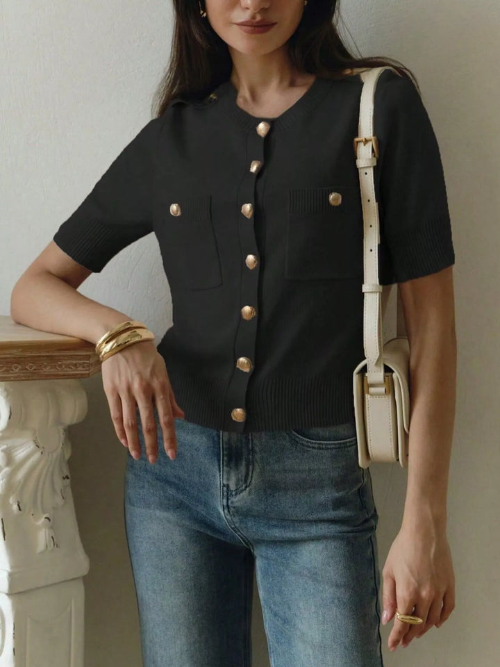 Short sleeve knit button-down cardigan with gold buttons