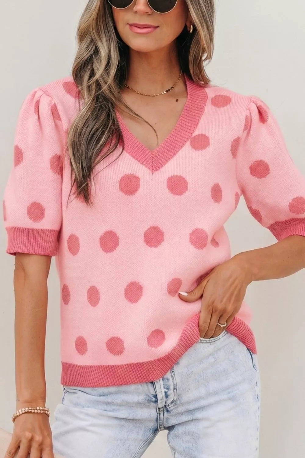 Polka dot puff sleeve v-neck knit sweater top