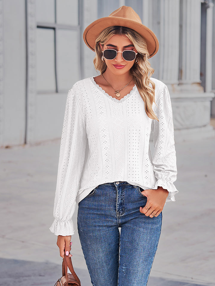 Eyelet openwork V-neck blouse with flounce sleeves
