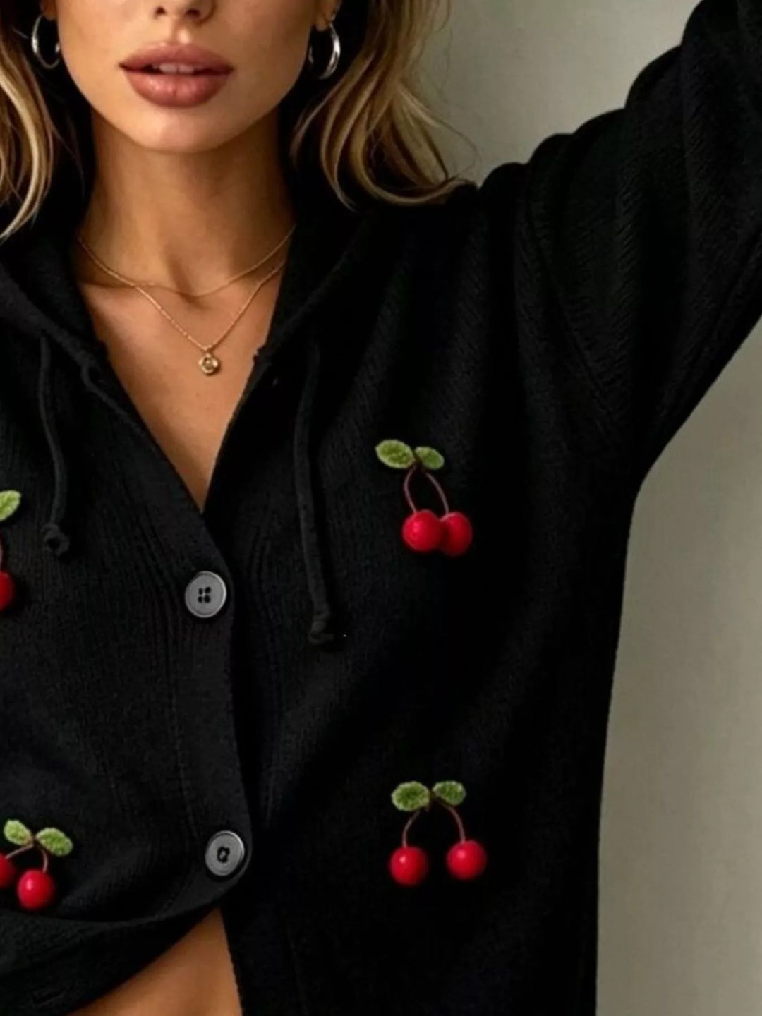 3D cherry applique button-front hooded cardigan