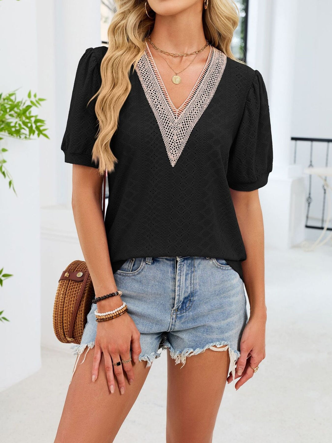 Lace-trim V-neck eyelet top with puff sleeves