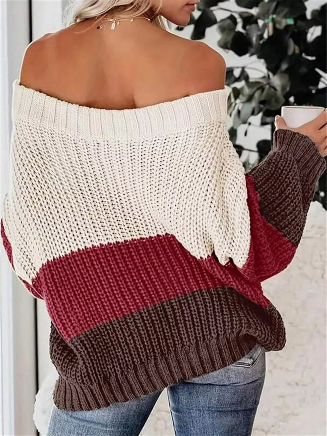 Off-shoulder color block waffle knit sweater