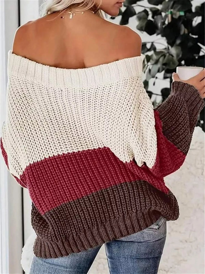 Off-shoulder color block waffle knit sweater