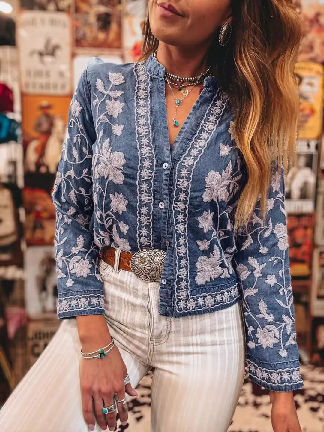 Medium Floral embroidered button-up denim shirt