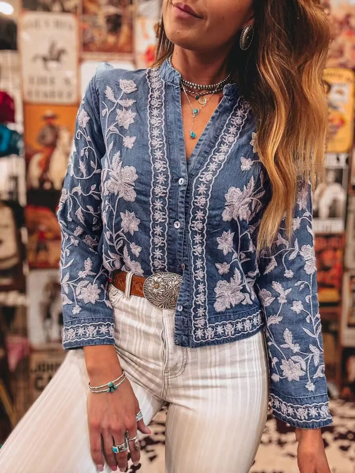 Medium Floral embroidered button-up denim shirt