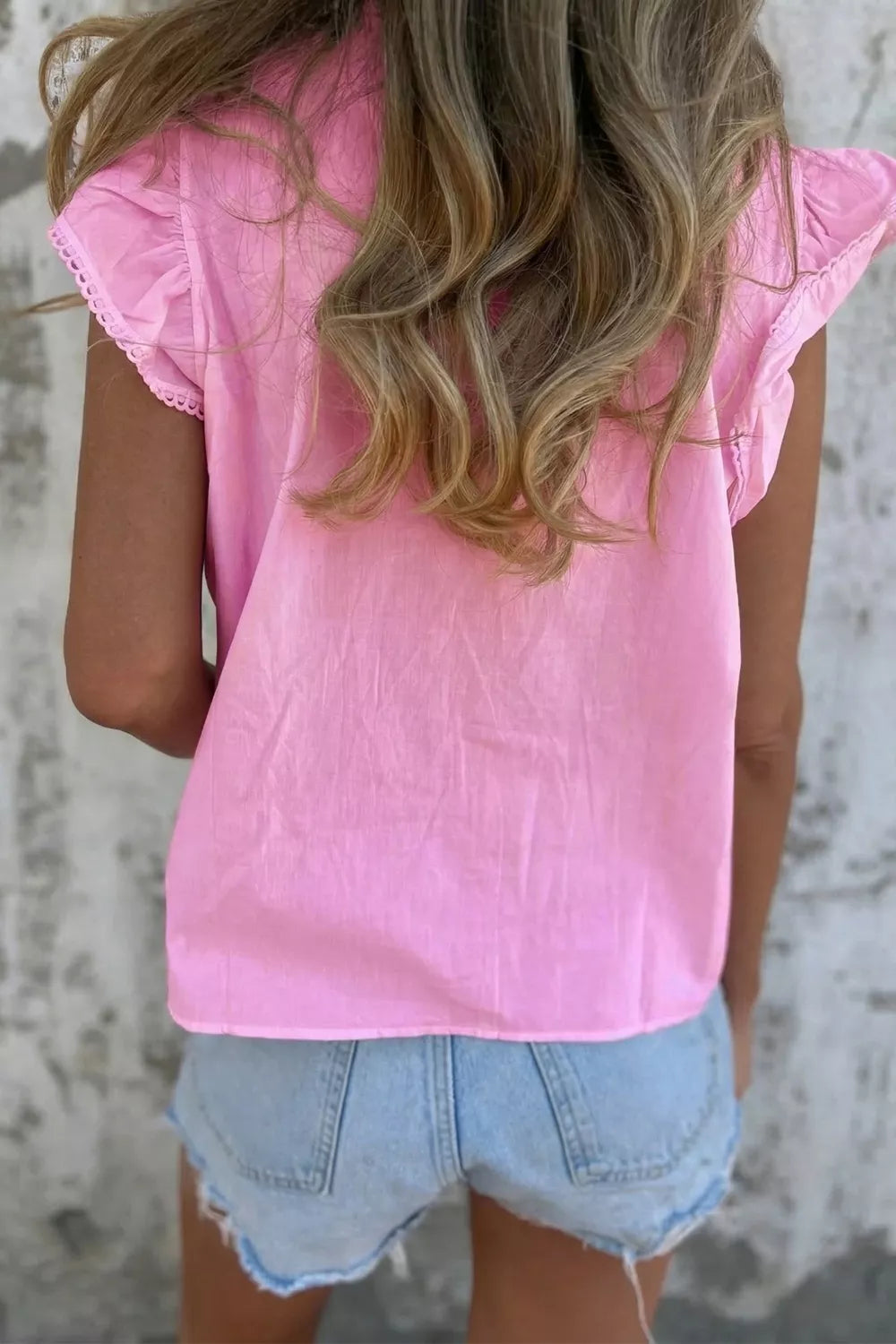 Lace flutter sleeve pintuck yoke round neck blouse