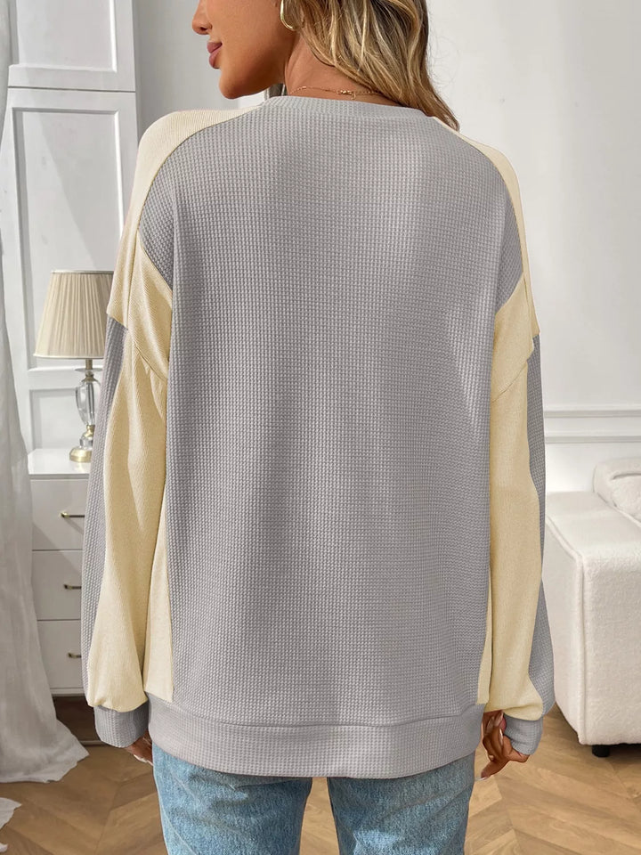 Color block waffle knit long sleeve top