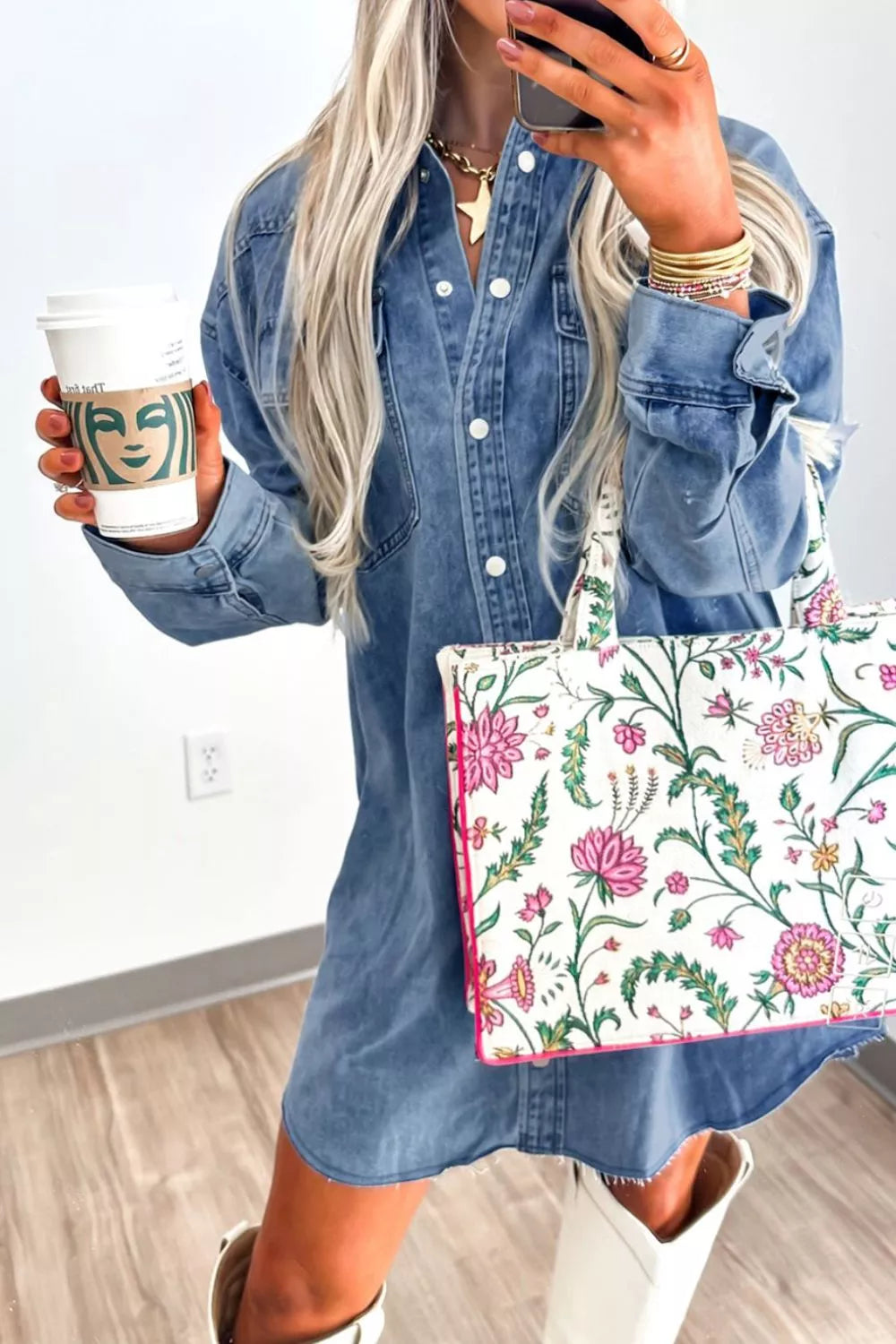 Vintage wash button-down mini denim shirt dress
