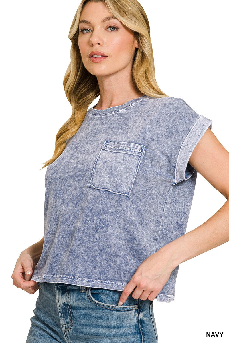 NAVY Snow-washed cotton cuffed sleeve tee with chest pocket