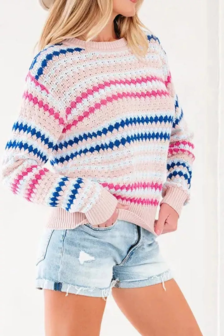 Striped pointelle knit crewneck sweater with drop shoulders