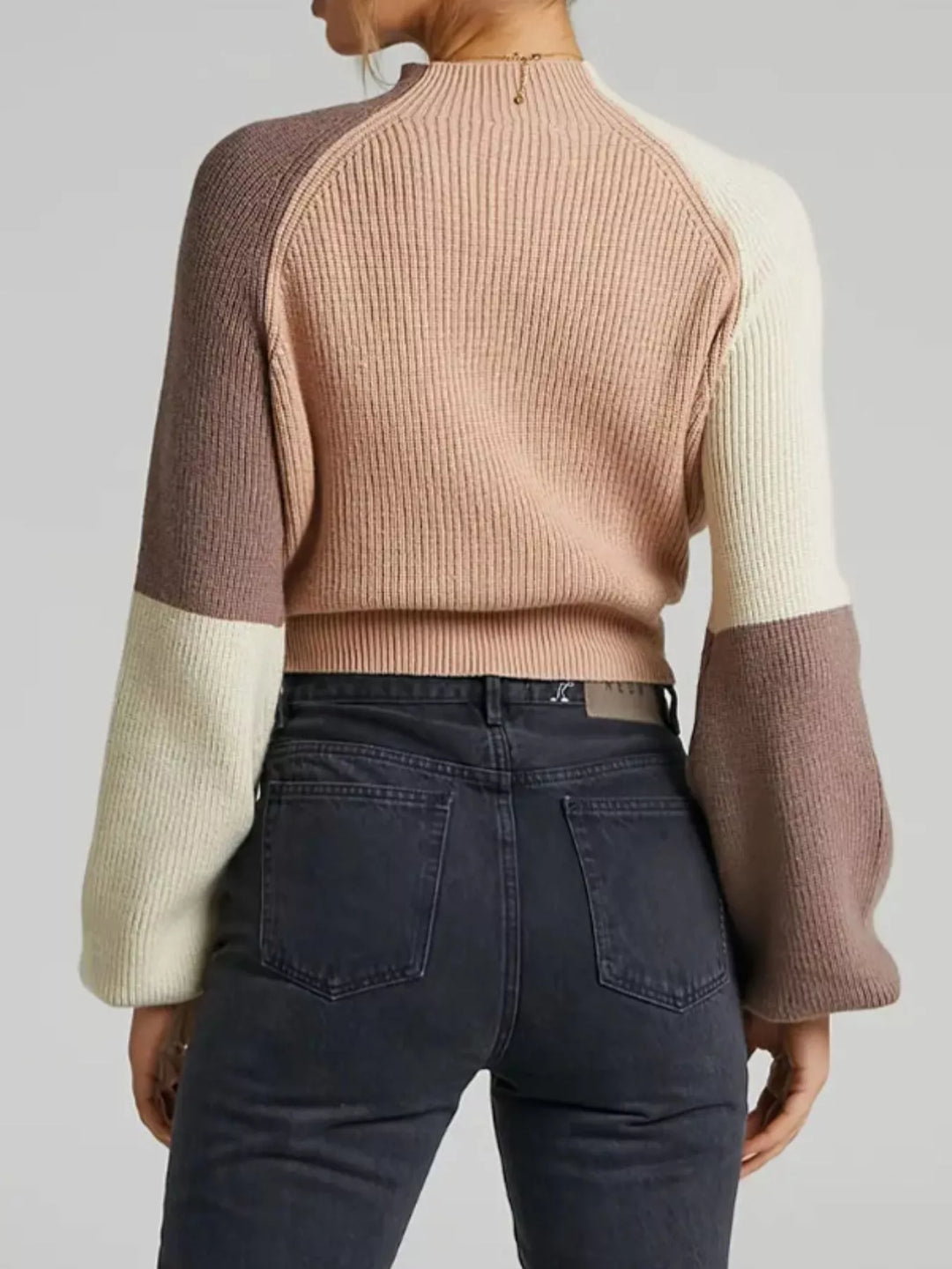Color block ribbed knit mock neck sweater with balloon sleeves