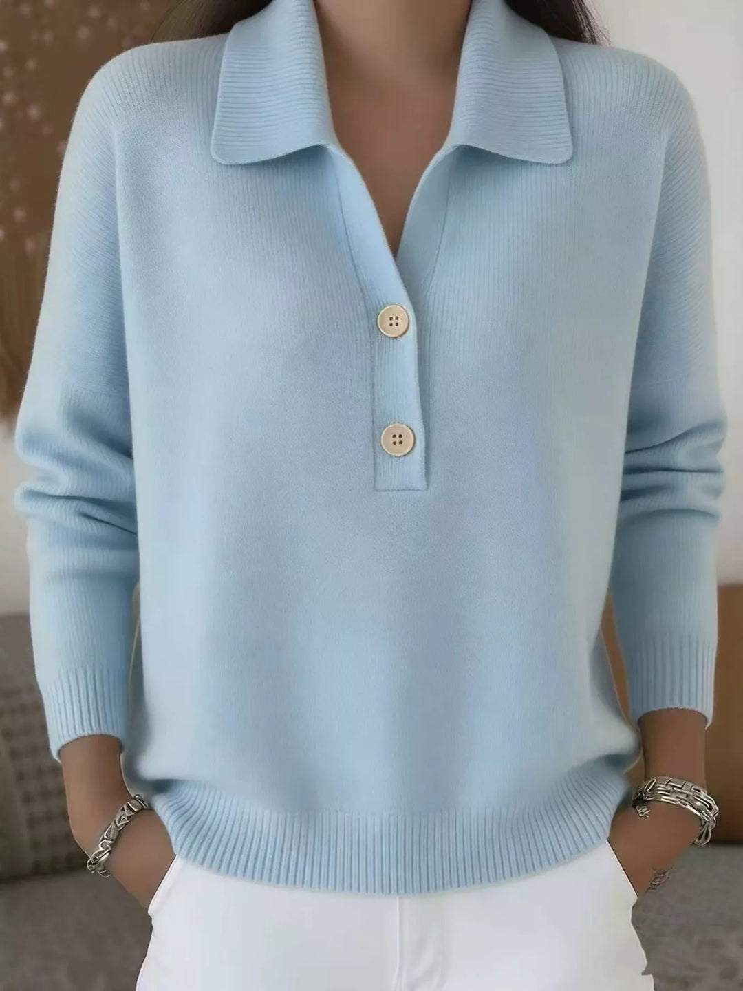 Light Blue Collared button-placket long sleeve knit polo sweater