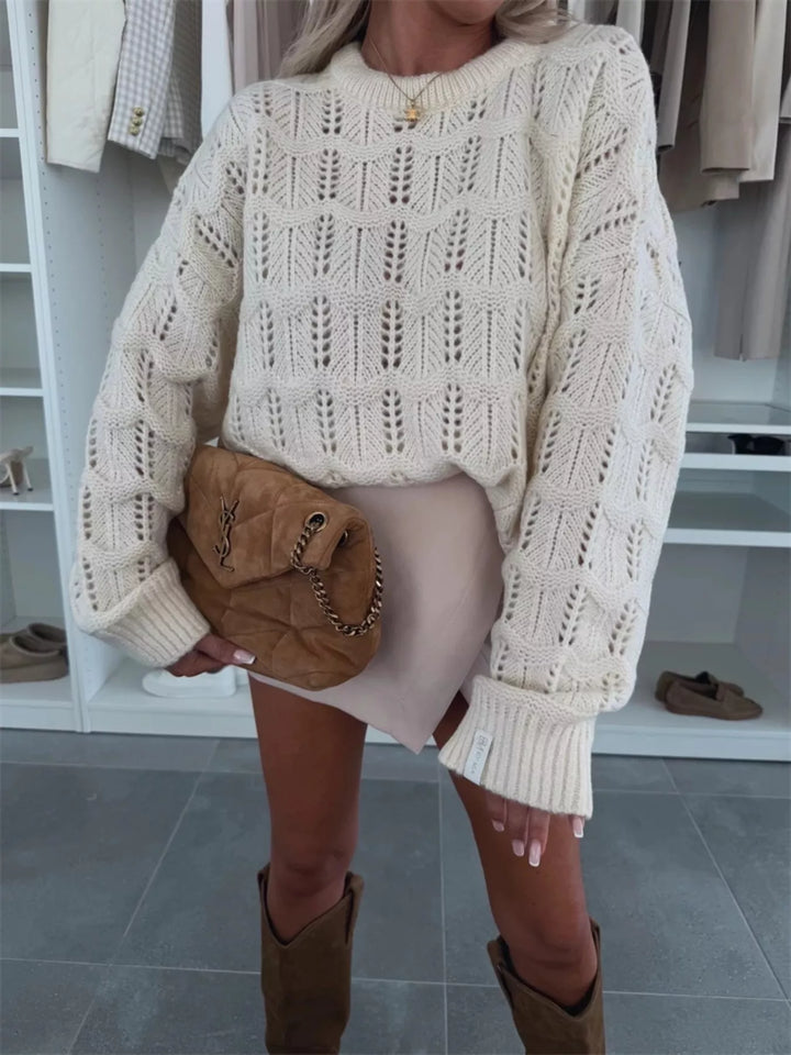 Apricot Openwork pointelle knit round neck sweater