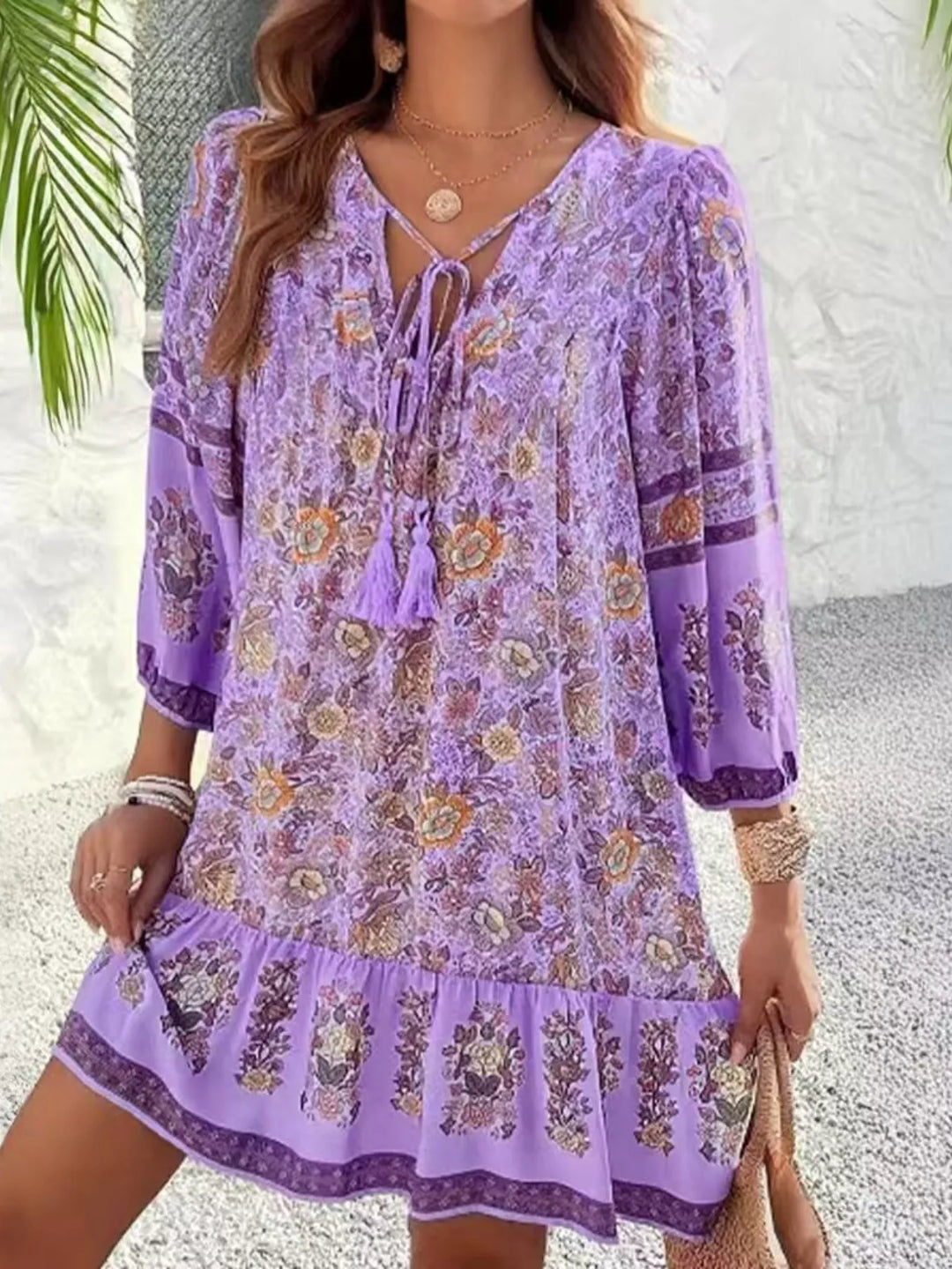 Boho floral v-neck mini dress with tassel tie and long sleeves