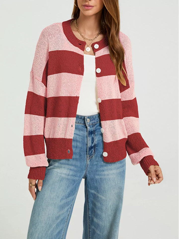 Red Wide stripe button-down knit cardigan with ribbed trim
