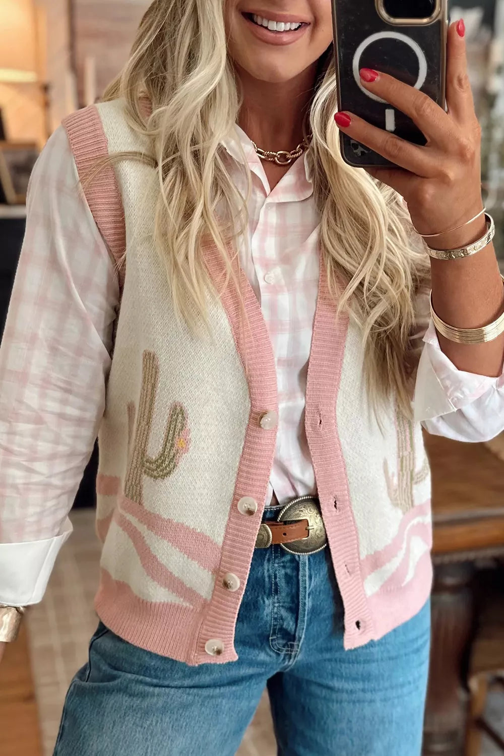 Cactus knit button-front sweater vest with contrast trim