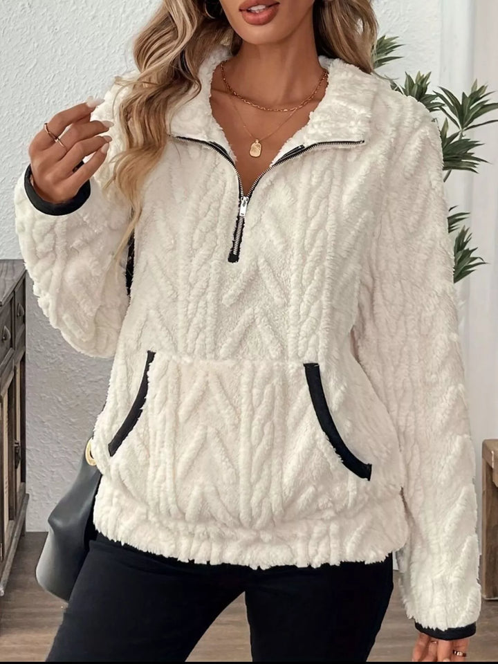 Textured fleece half-zip pullover with kangaroo pocket