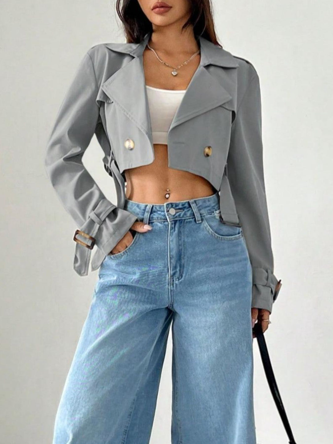 Black Cropped double-breasted trench jacket with belted cuffs