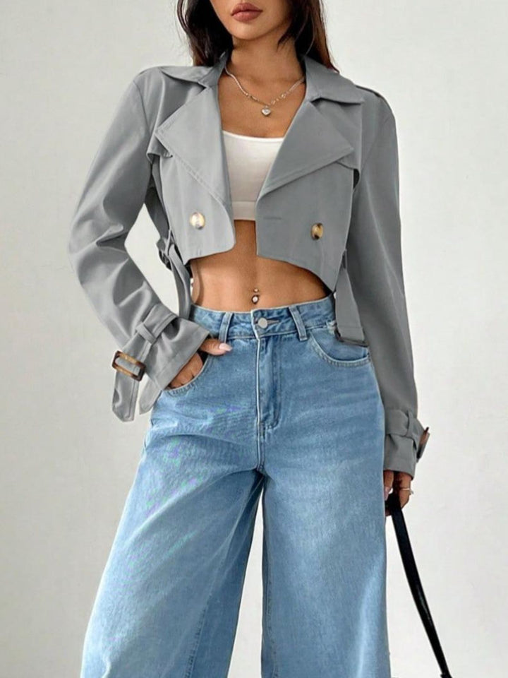 Black Cropped double-breasted trench jacket with belted cuffs