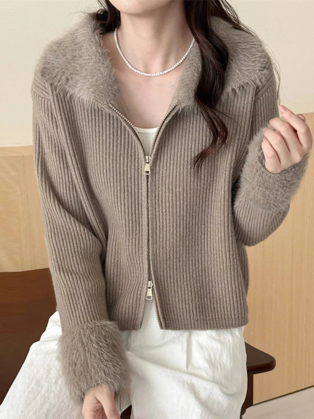 Taupe Ribbed knit zip-up cardigan with fluffy faux fur trim