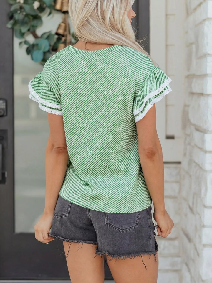 Diagonal-stripe ruffle cap-sleeve blouse with lace trim