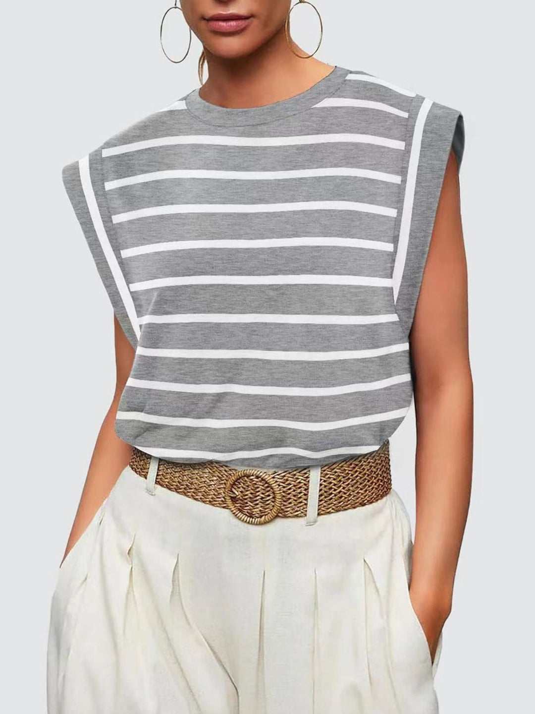 Striped cap-sleeve crew neck muscle tank top