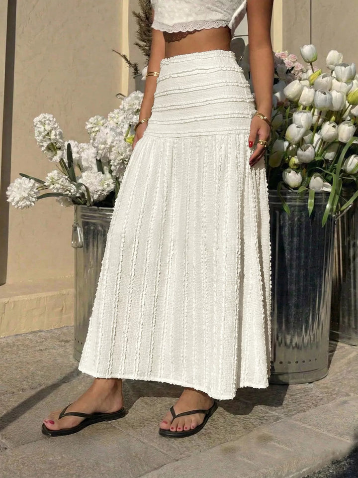 Ruched textured smocked-waist A-line midi skirt