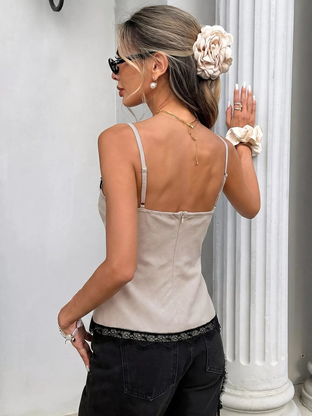 Lace trim twist-front cropped V-neck cami